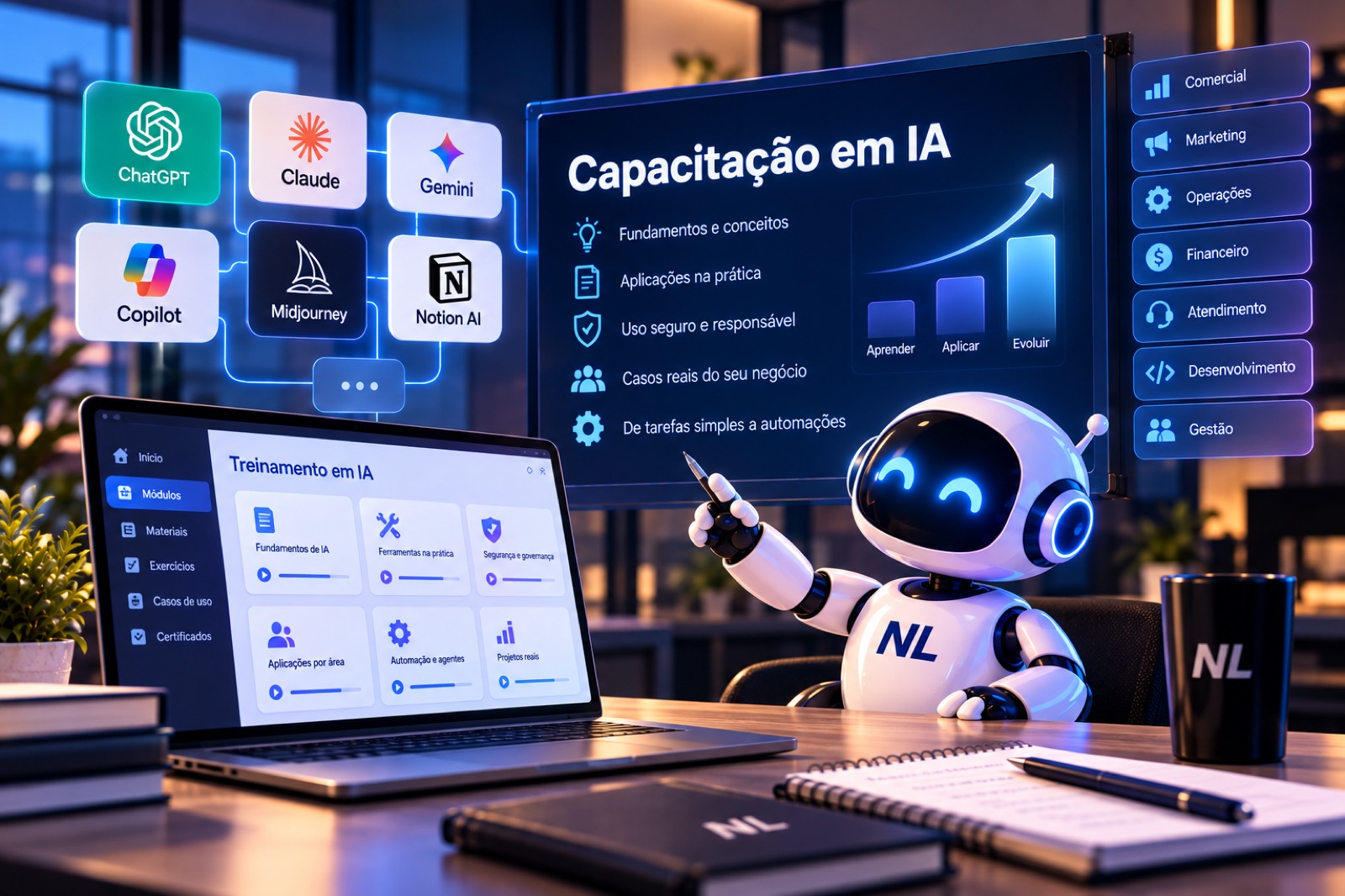 Robô NL apresentando um treinamento em IA com fundamentos, aplicações na prática, uso seguro e casos reais, para áreas como comercial, marketing, operações e financeiro