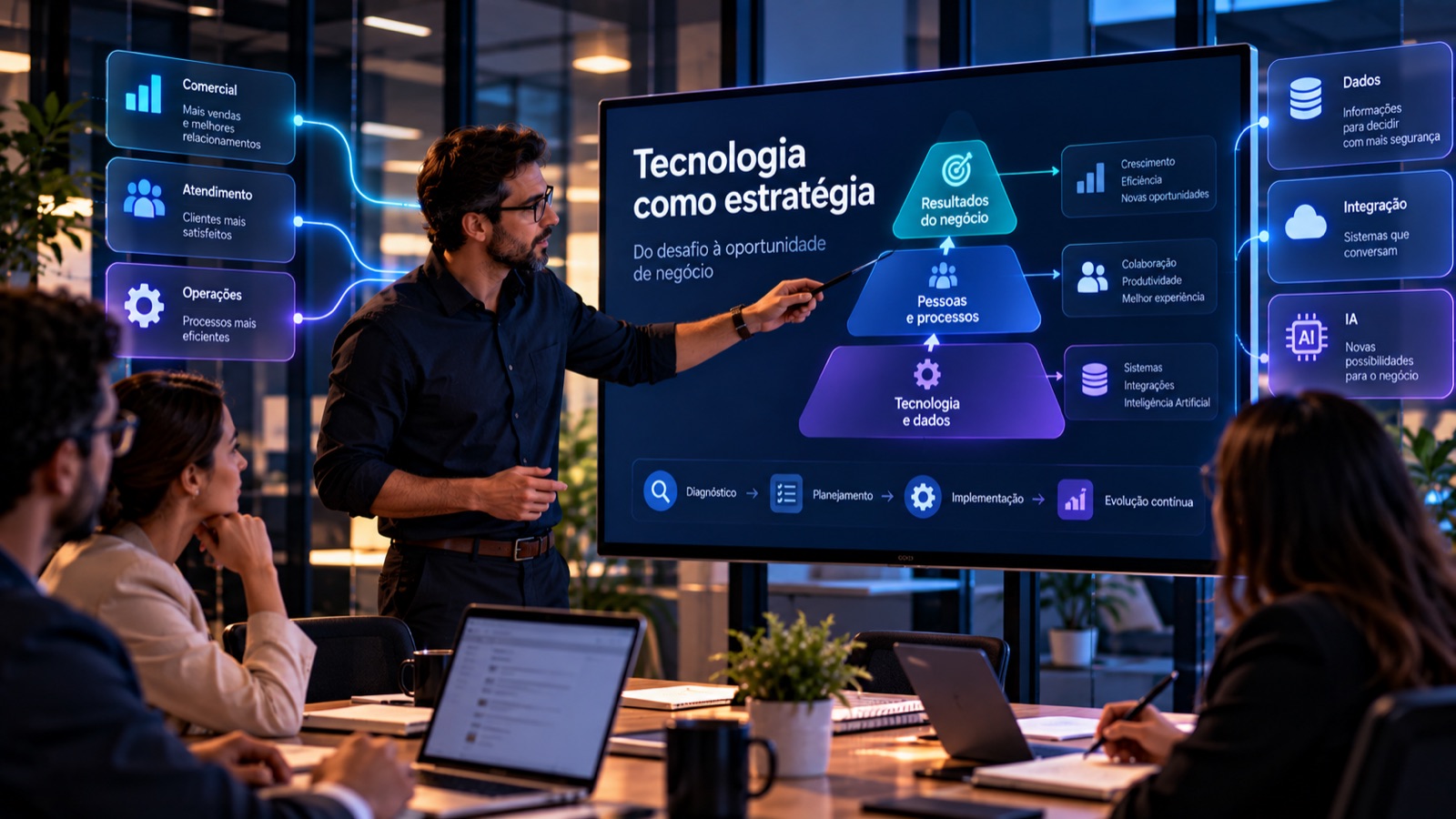 Apresentação sobre tecnologia como estratégia: tecnologia e dados, pessoas e processos e resultados do negócio, do diagnóstico à evolução contínua