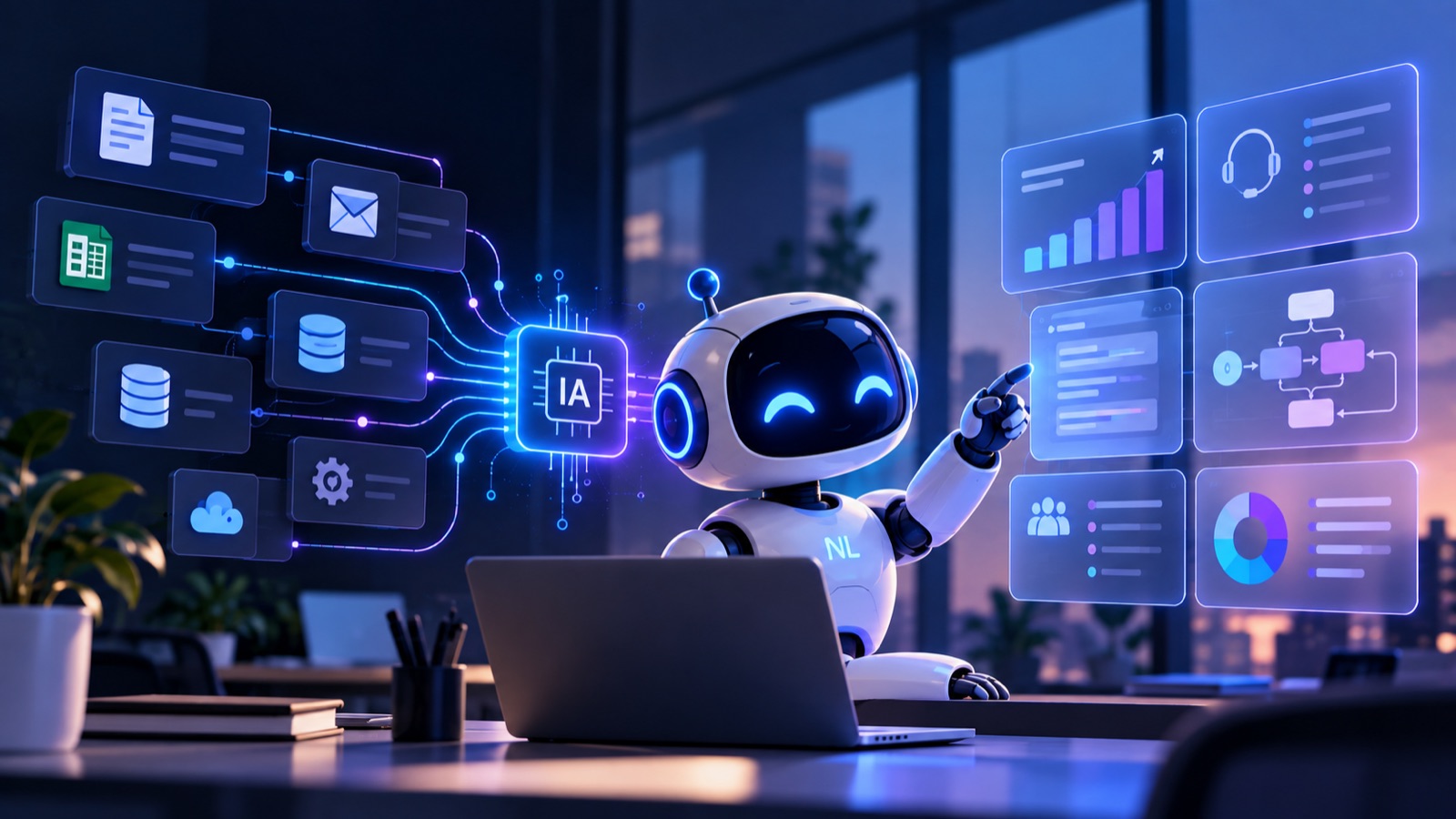 Robô NL conectando documentos, planilhas e bancos de dados a painéis de atendimento, indicadores e fluxos