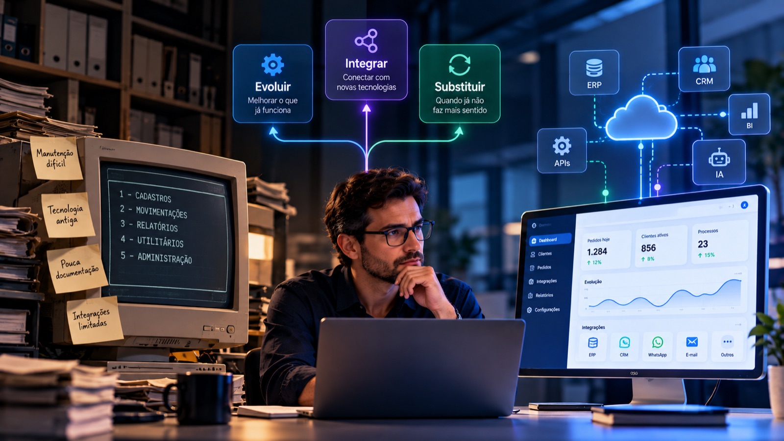 Sistema antigo com anotações de limitações de um lado e um painel moderno integrado a ERP, CRM, APIs e IA do outro, com os caminhos Evoluir, Integrar e Substituir