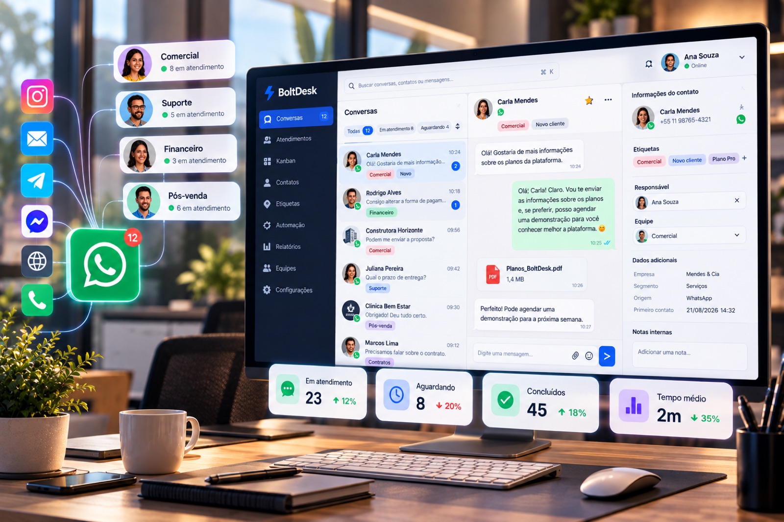 Painel do BoltDesk com conversas distribuídas entre equipes de comercial, suporte, financeiro e pós-venda, e os canais de atendimento conectados ao WhatsApp